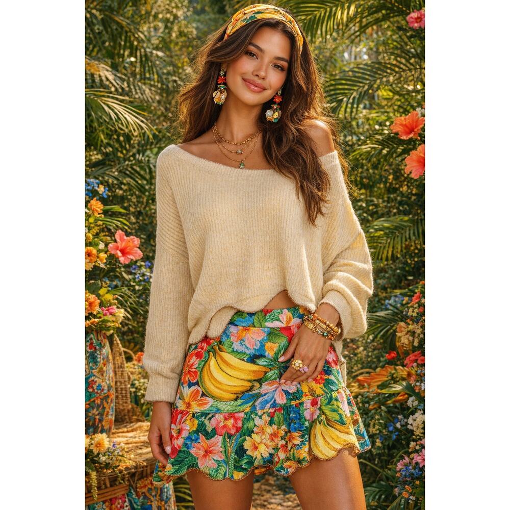 Farm Rio Cropped Sweater Scallop Hem Metallic Gold Cream Small